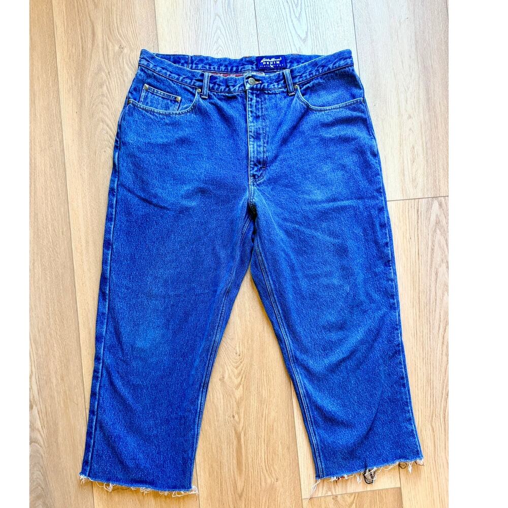 Vintage Eddie Bauer Flannel Lined Jeans 40W Cropped Raw Hem Blue